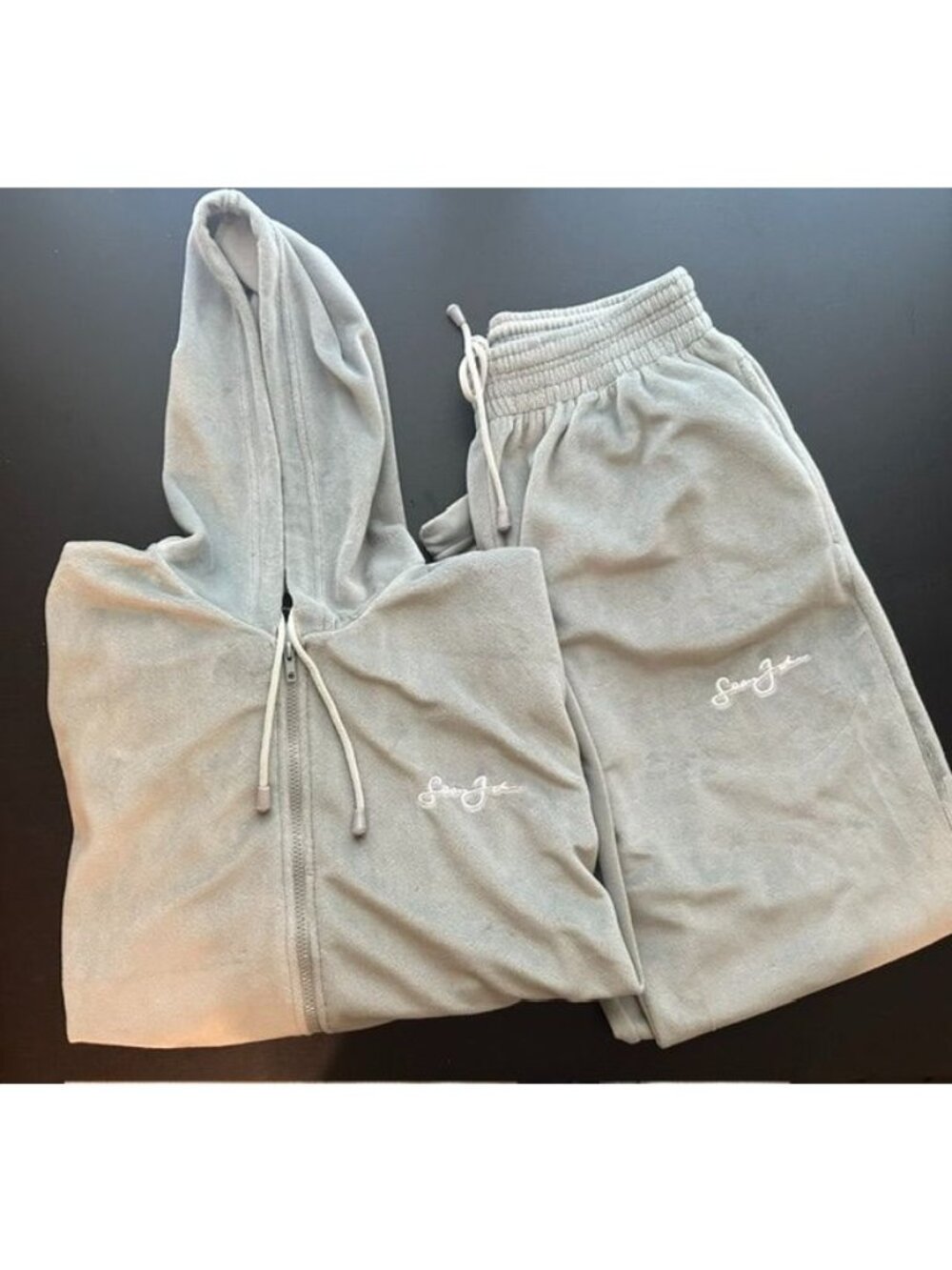 Gray Velour Hoodie & Jogger Set With Drawstring & Embroidered Logo (Sean Jean)